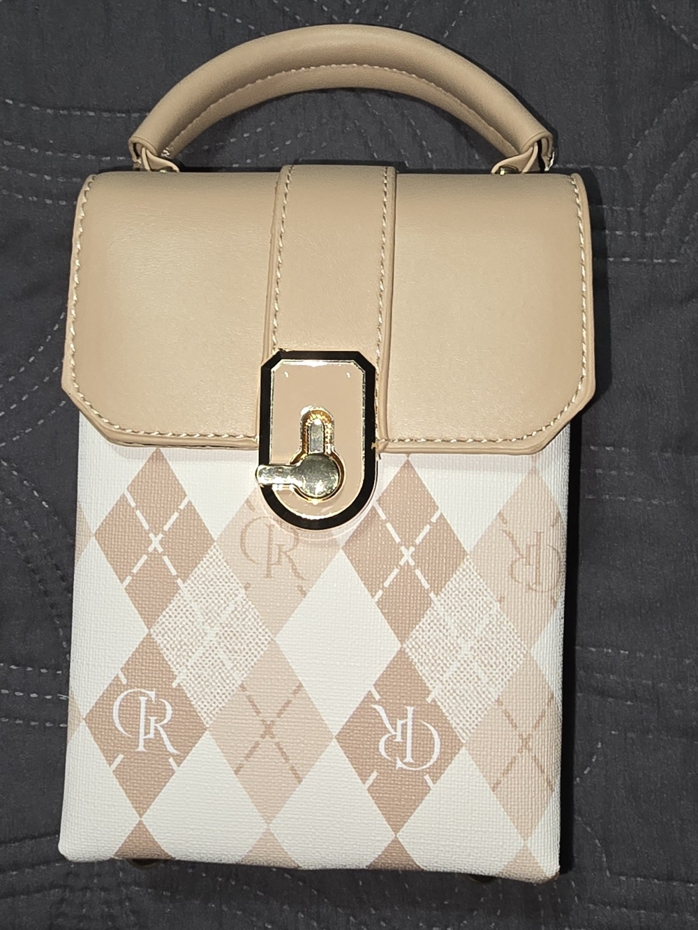 Beige Diamond-Pattern Top Handle Phone Crossbody Bag